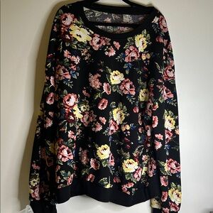 Amazon crew neck top size 3x long sleeves multicolored floral black trim casual